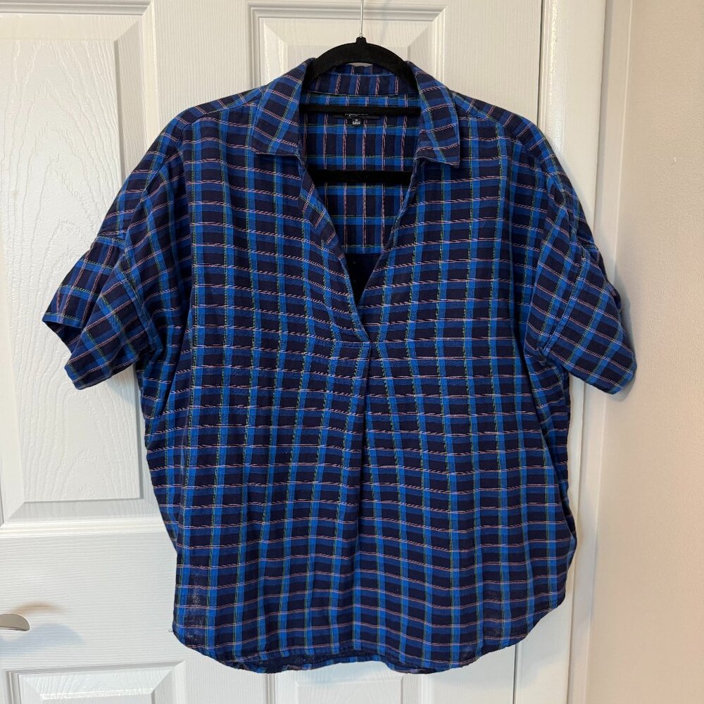 Madewell Double-Faced Park Popover Shirt in Blue Plaid Women's Medium - Picture 2 of 9